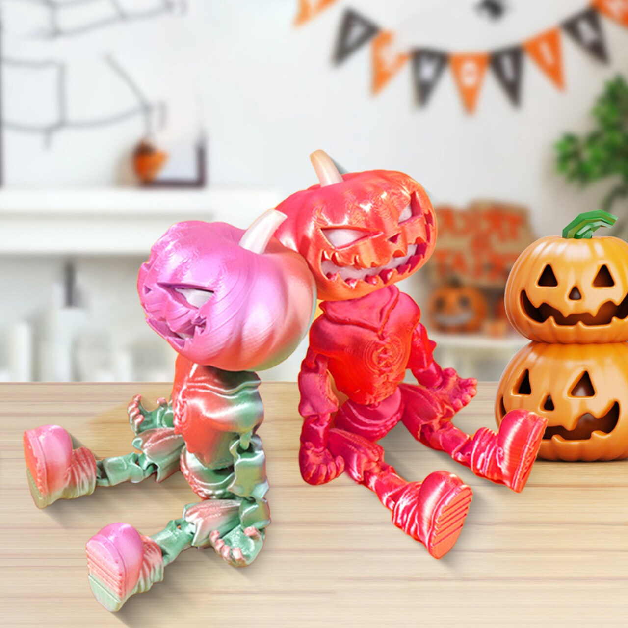 Halloween Pumpkin Man Figurine Movable Joints Pumpkin Action Figure Luminous Articulated Pumpkin Model Toy Desktop